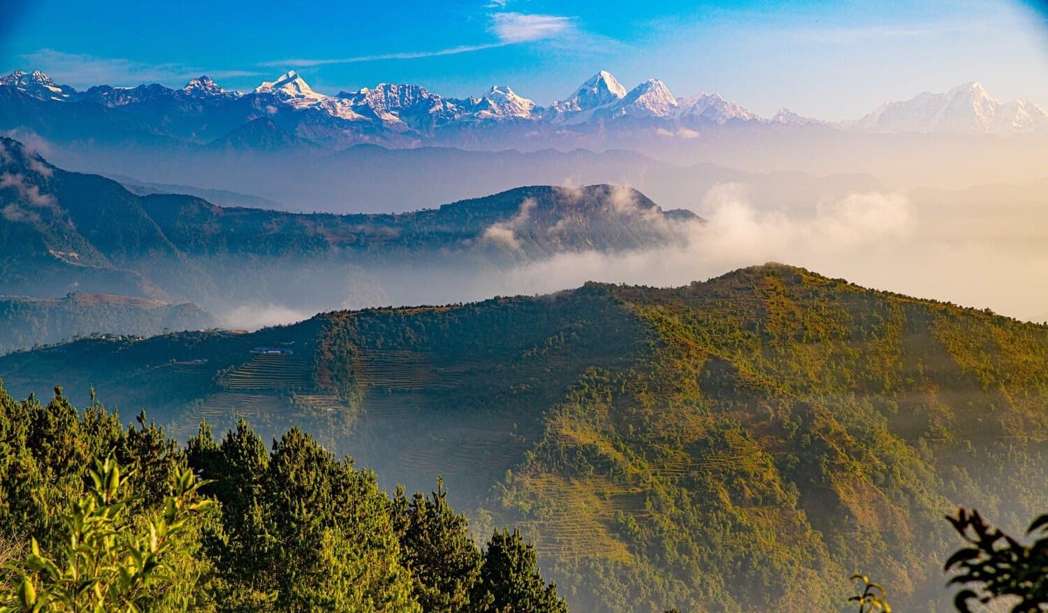 Himalayan panorama from Chisapani ridge — 2-day guided trek from Kathmandu through Shivapuri National Park