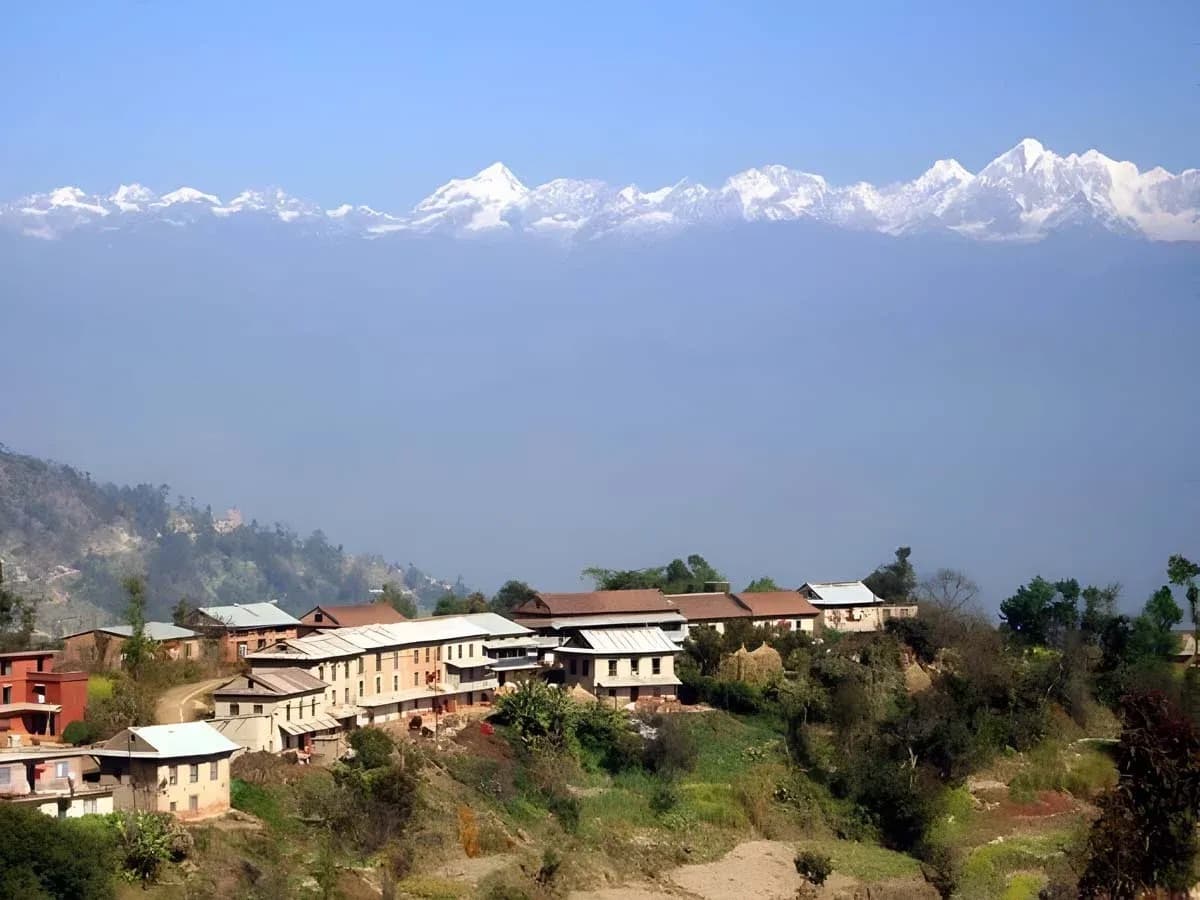 Valley-rim trail between Nagarkot and Dhulikhel with Himalayan peaks in the distance